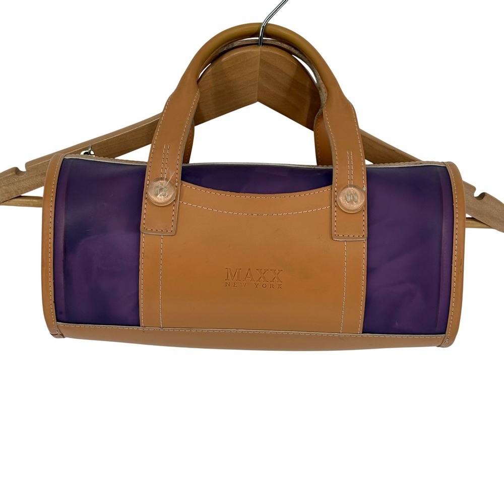 MAXX‎ NEW YORK Barrel Handbag Purple Clear Vinyl Tan Leather Top Handle Bag